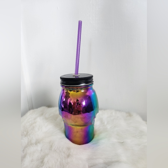 3D Skull Head Drinking Jar Multi Color Reflective Glass Travel Cup 18 oz - Picture 4 of 7